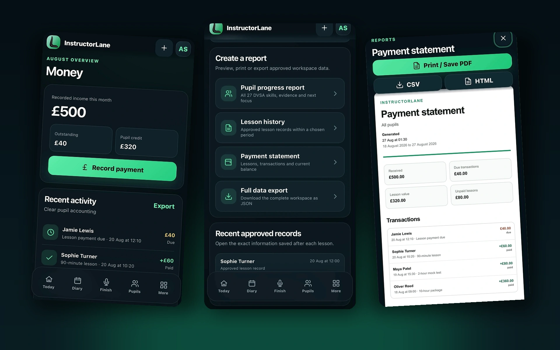 InstructorLane payment and reporting screens