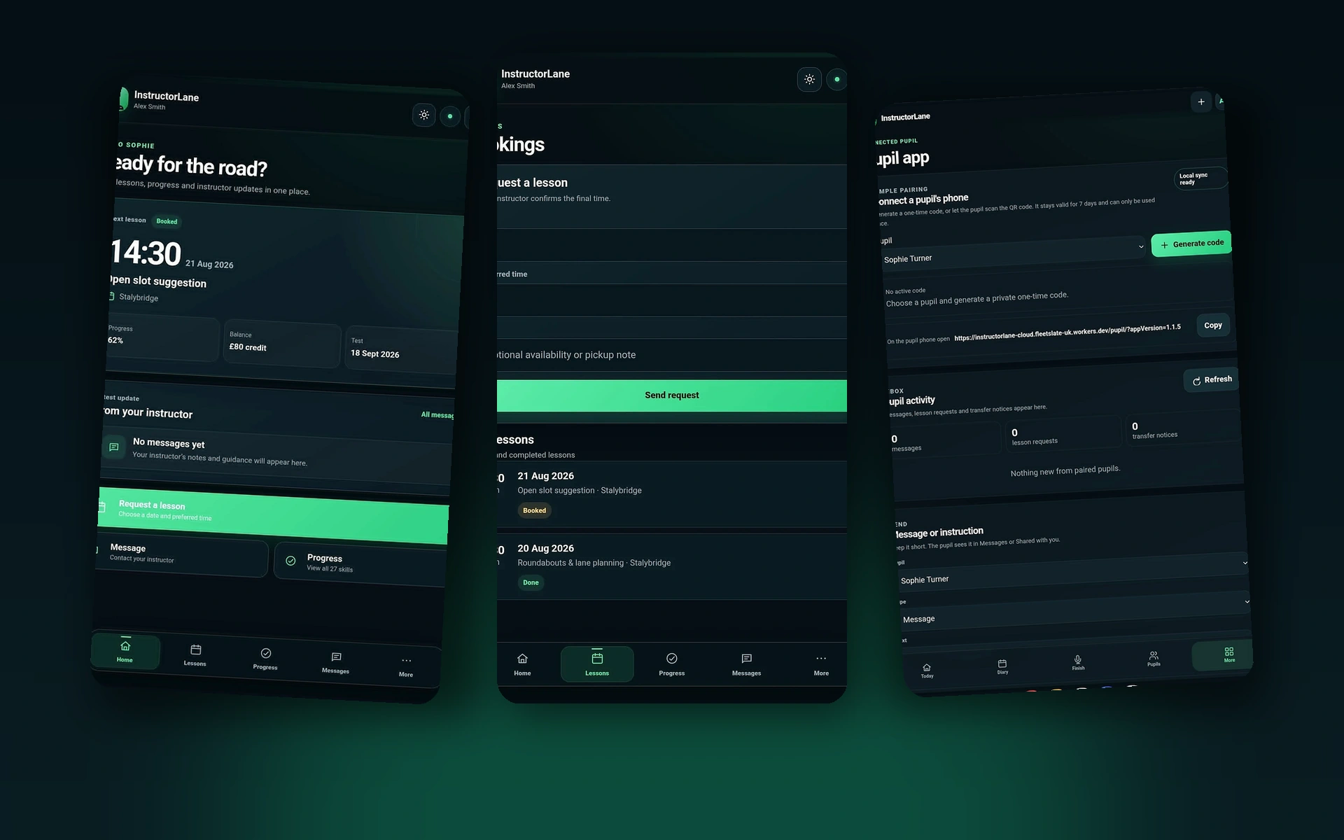 InstructorLane pupil app screens
