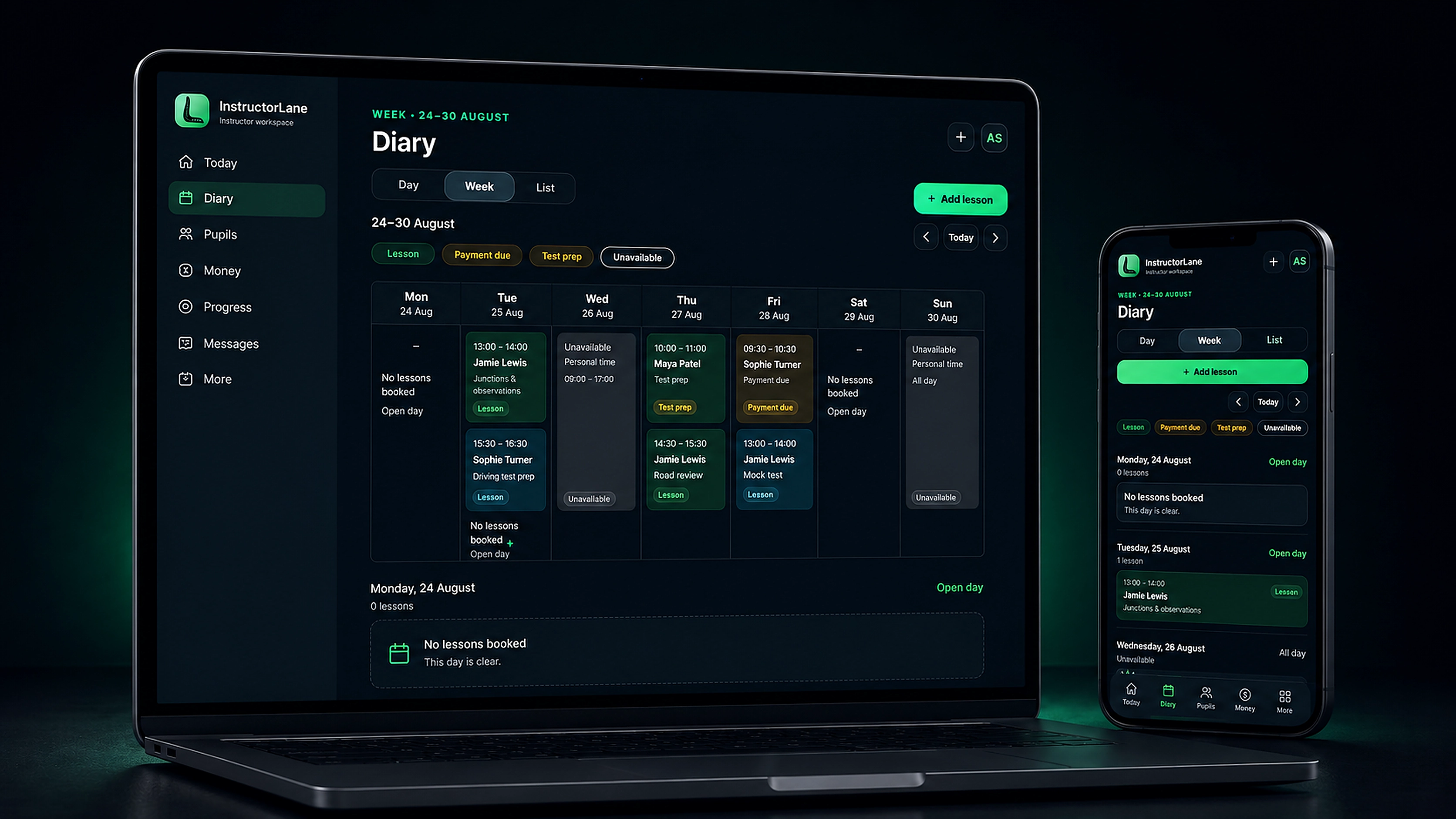 InstructorLane diary, availability and pupil booking shown on laptop and phone