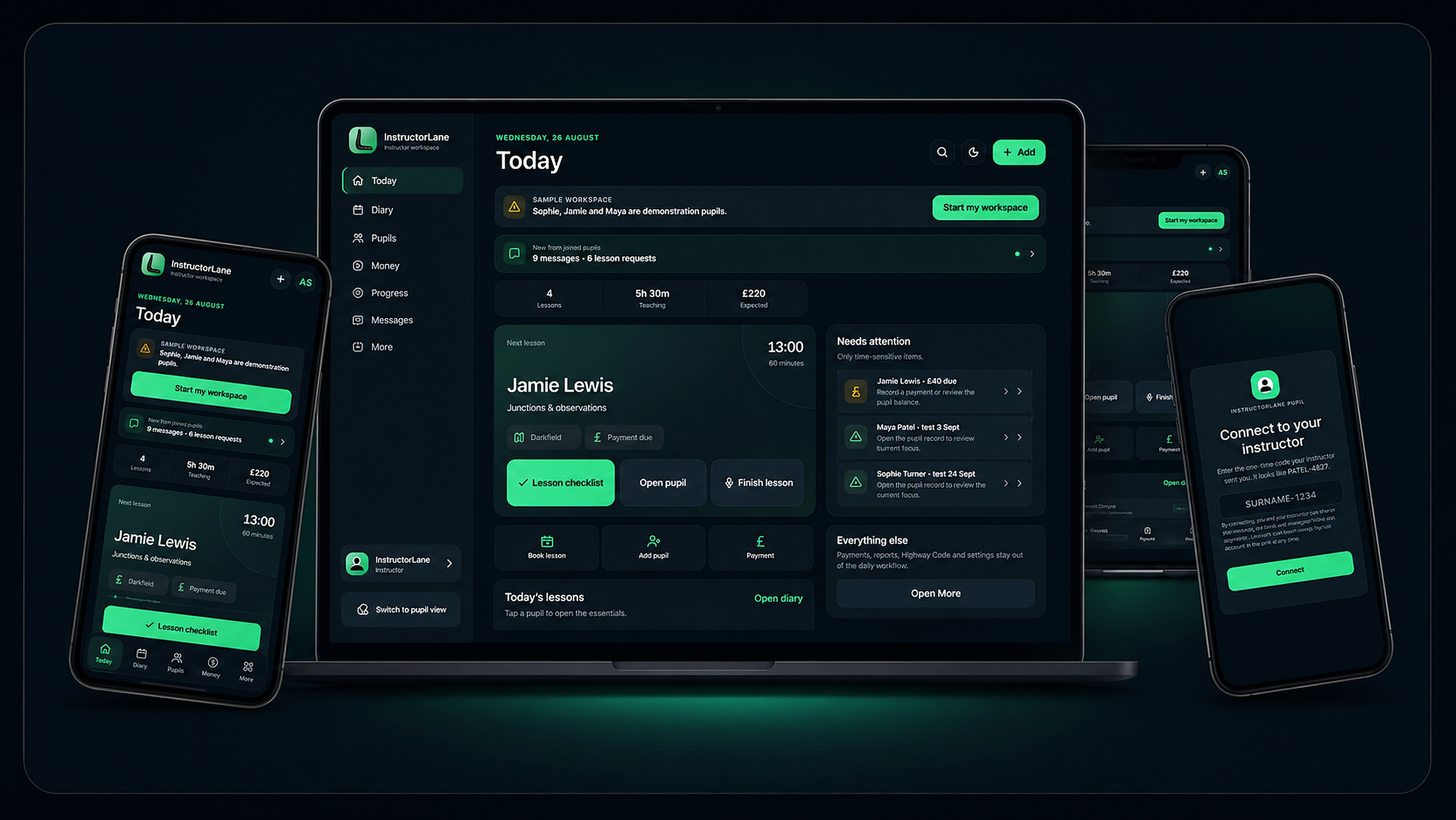 InstructorLane driving instructor dashboard and pupil app shown across desktop and mobile devices