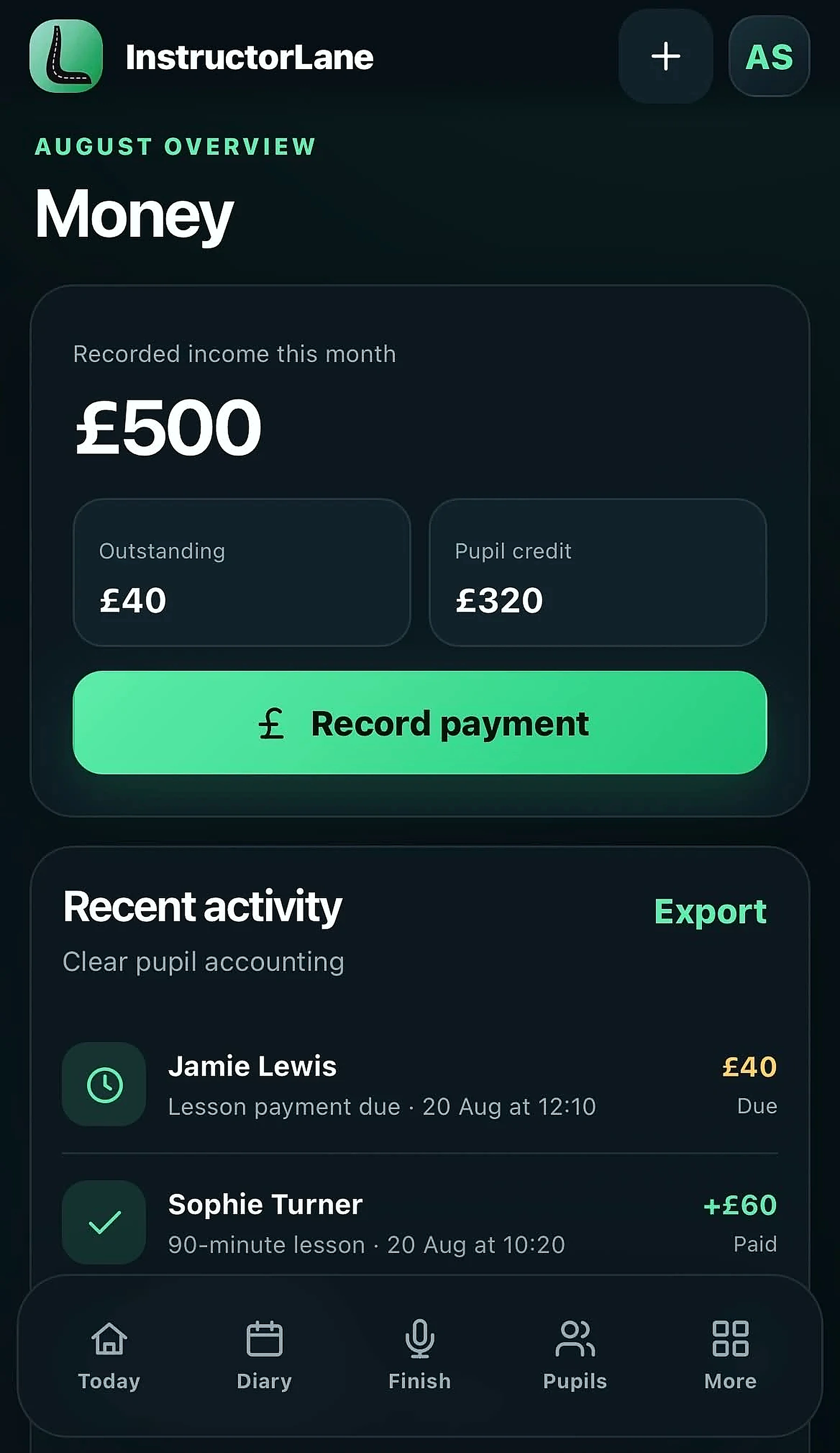 InstructorLane Payments and professional reports screen