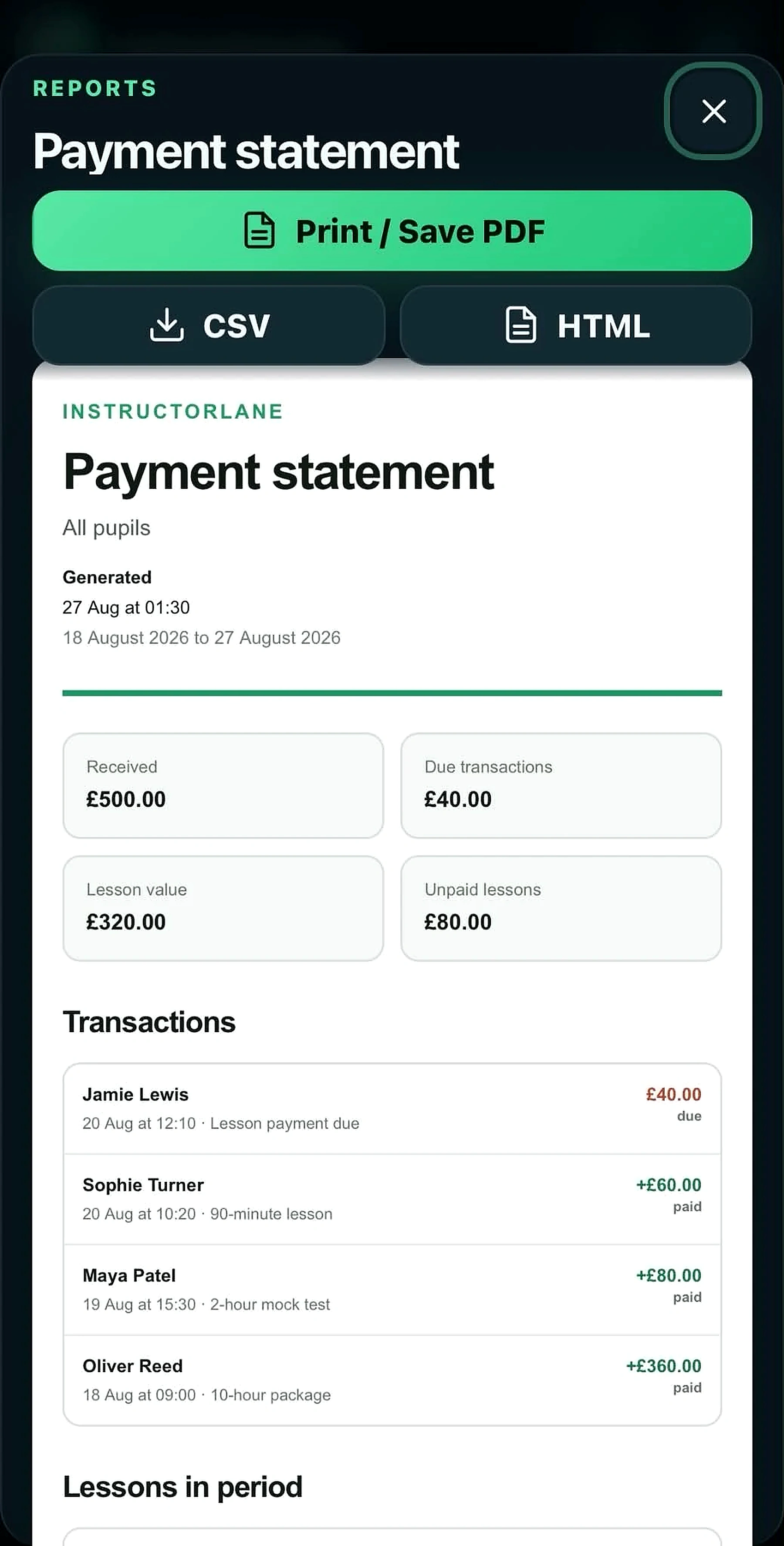 Driving Lesson Payments, Balances & Reports in InstructorLane
