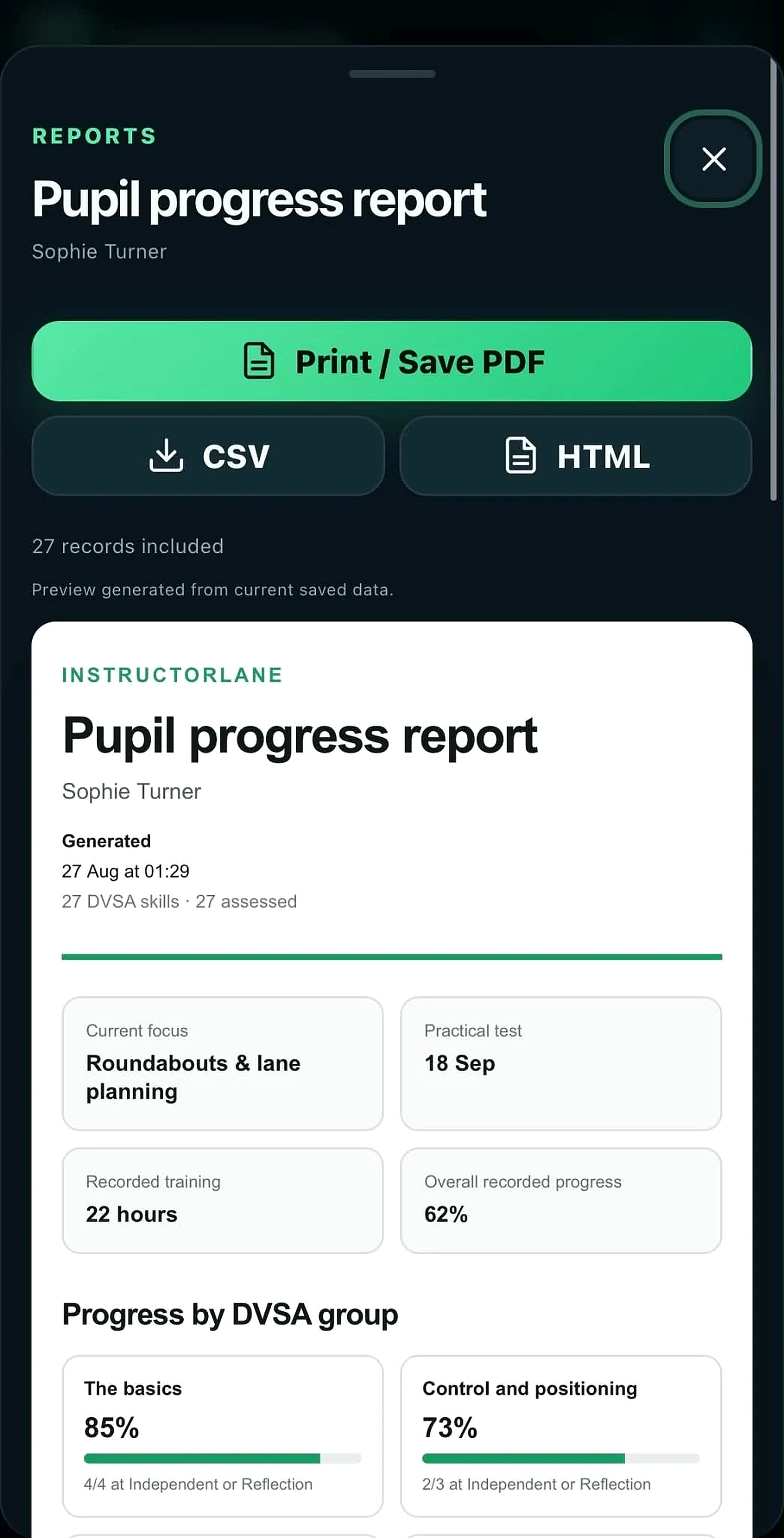 DVSA Pupil Progress Tracking & AI Lesson Notes in InstructorLane