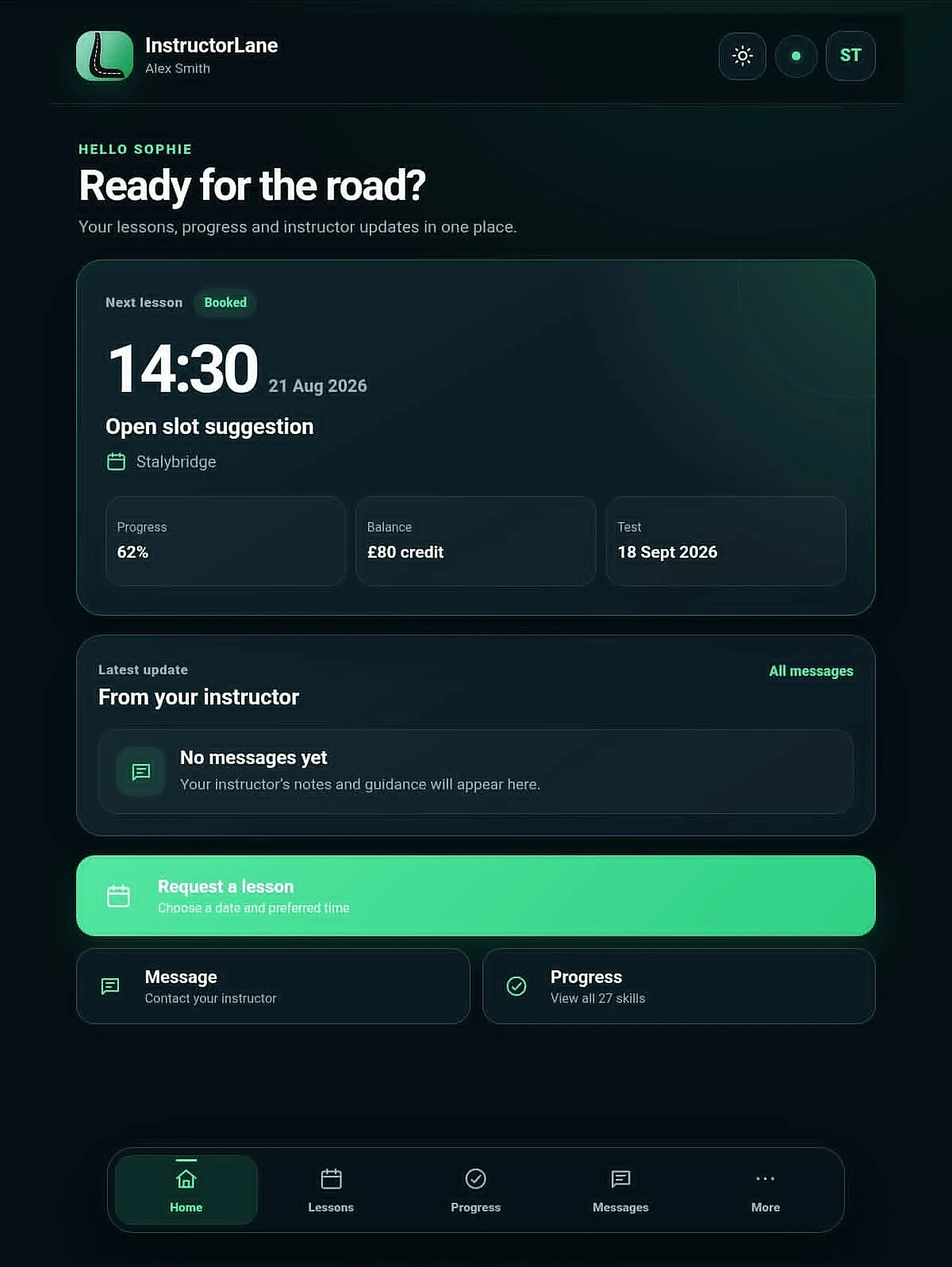 InstructorLane A connected pupil app screen