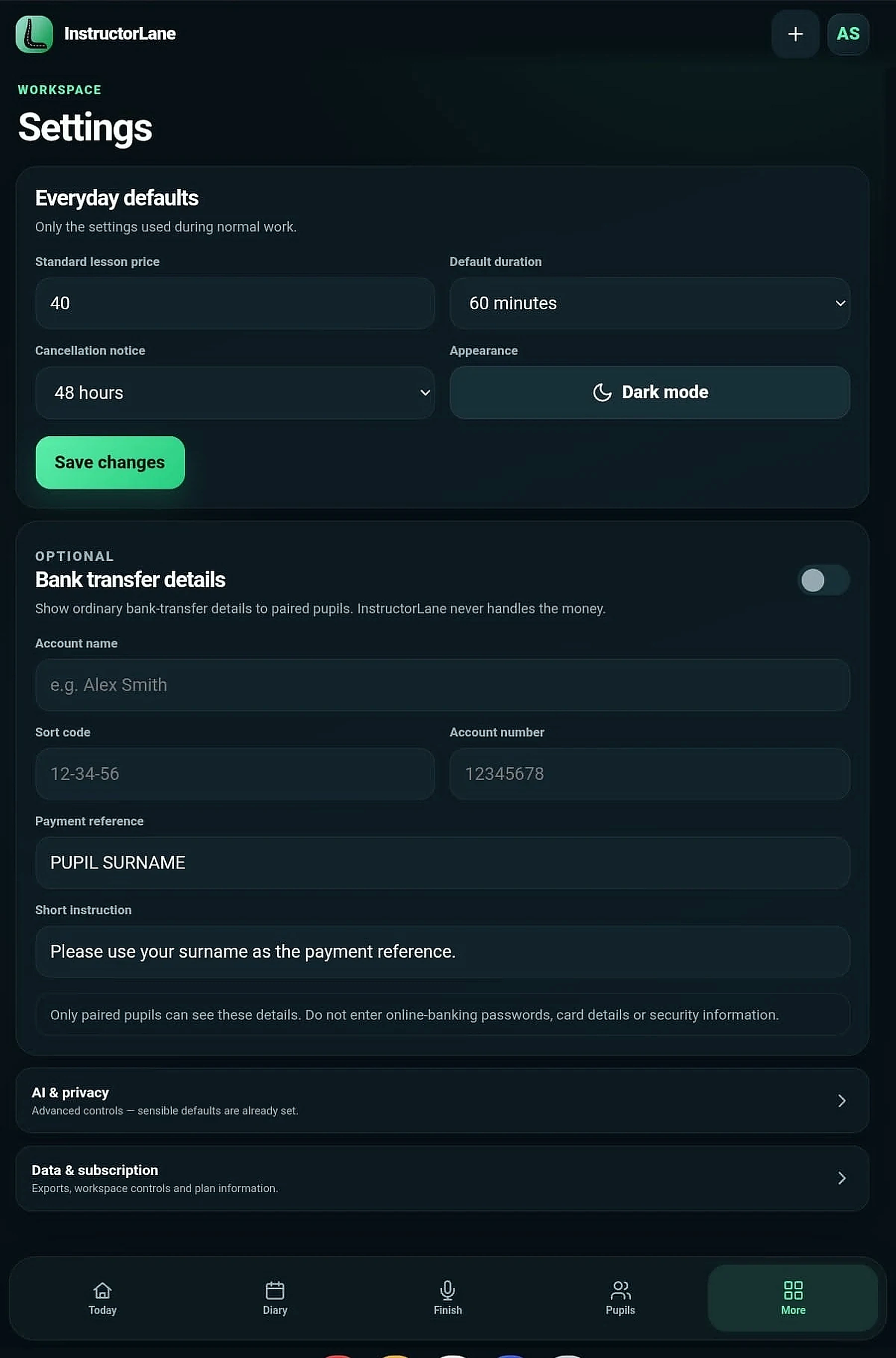 InstructorLane Cloud sync, recovery and subscription access screen