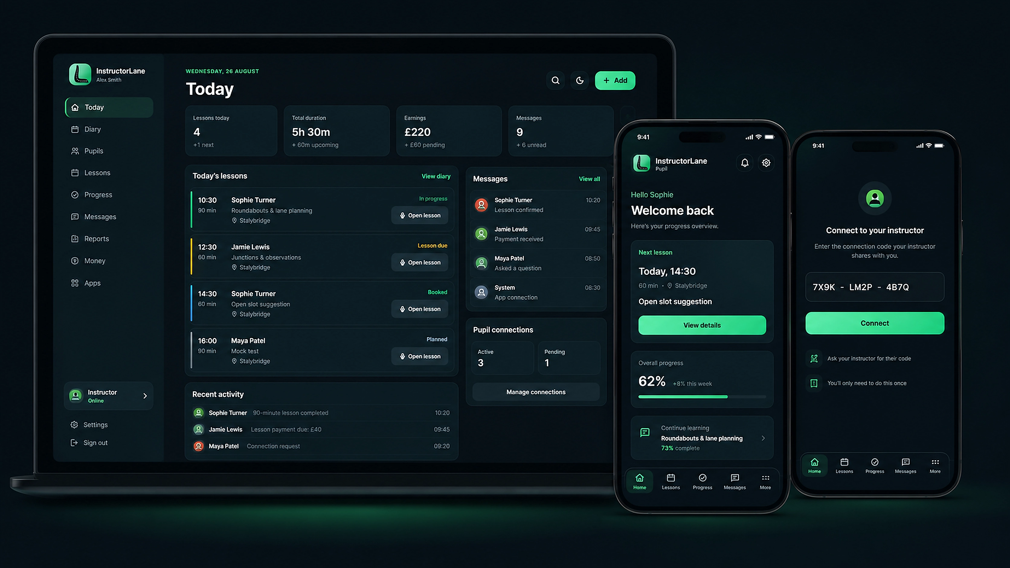 Dark InstructorLane instructor workspace for diary and booking management